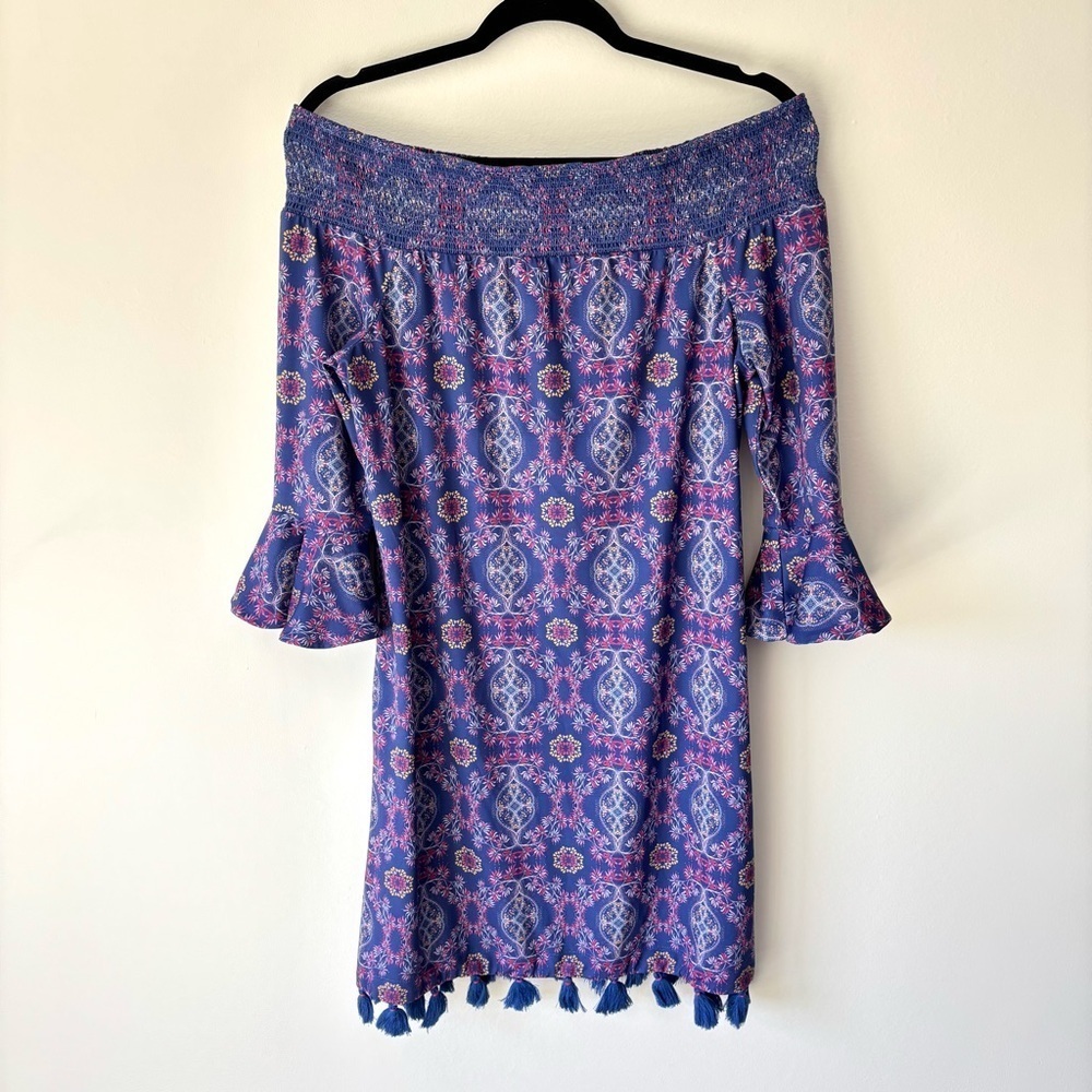 Cabana Life Purple Pink Off The Shoulder Mini Dress Bell Sleeve Tassels Beach
